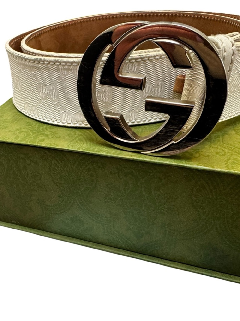 Gucci Cream Monogram Canvas Belt with Silver Double G Buckle - Picture 1 of 11